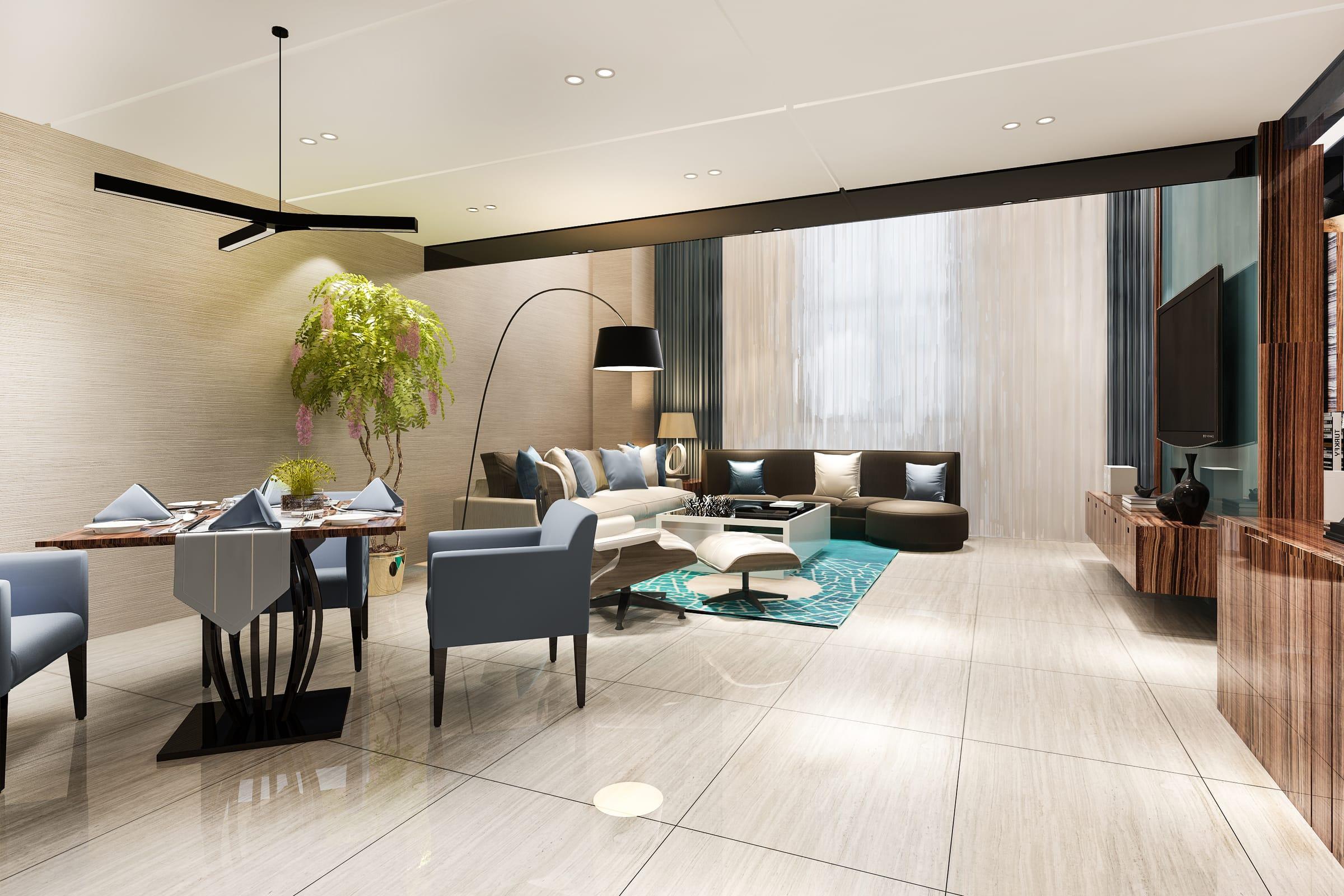 Show home dining and living area styled by ZEBA Interiors.